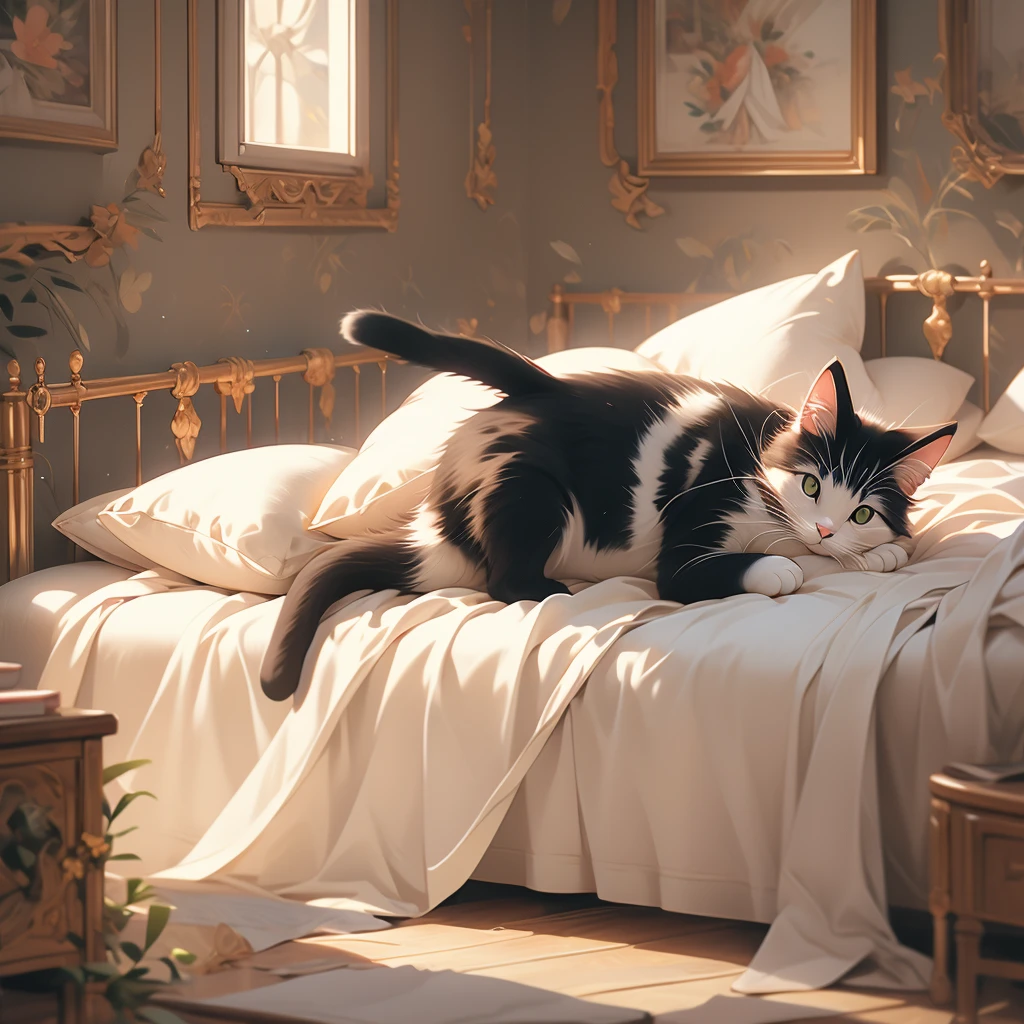 a cat lying on a bed in a room.