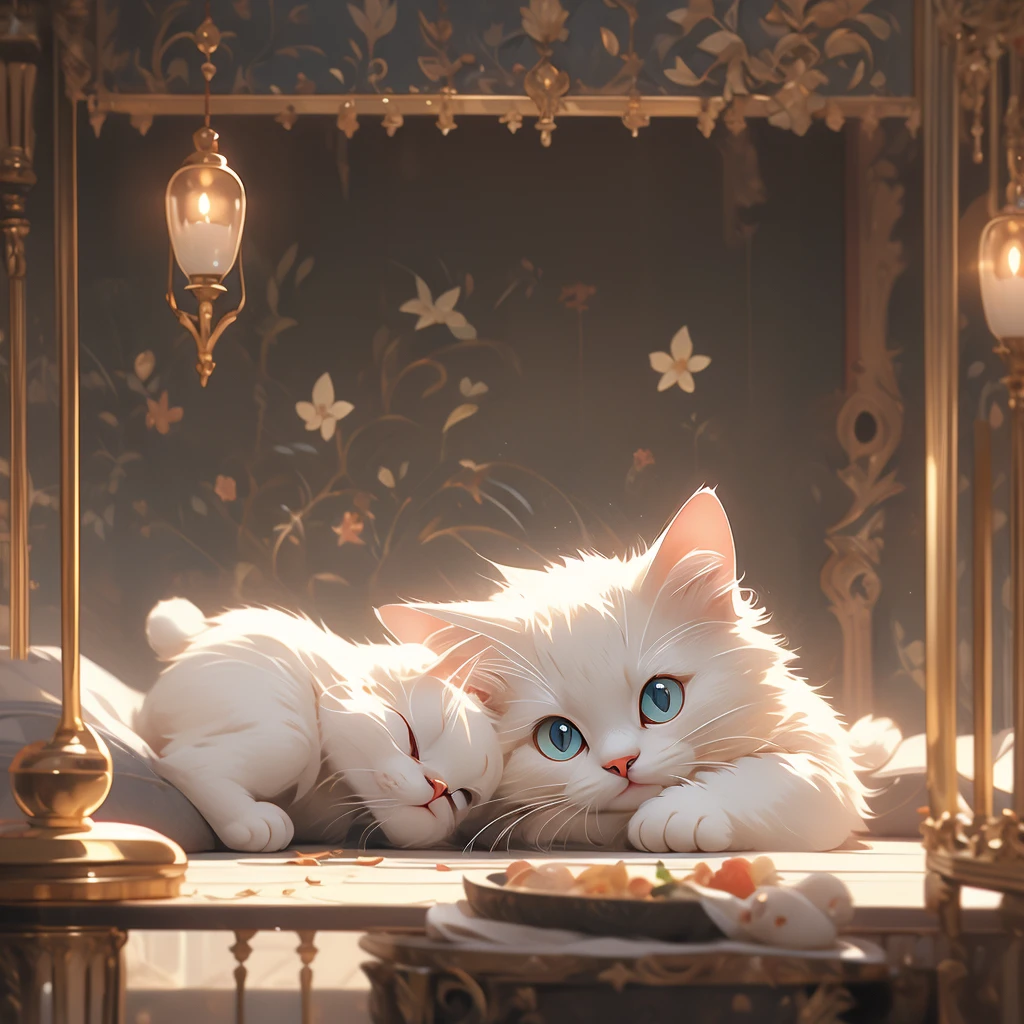 a cat lying on a bed in a room.