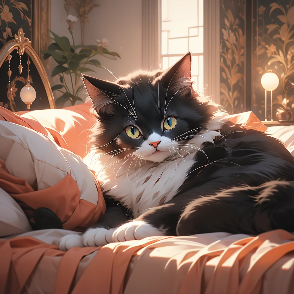a cat lying on a bed in a room.