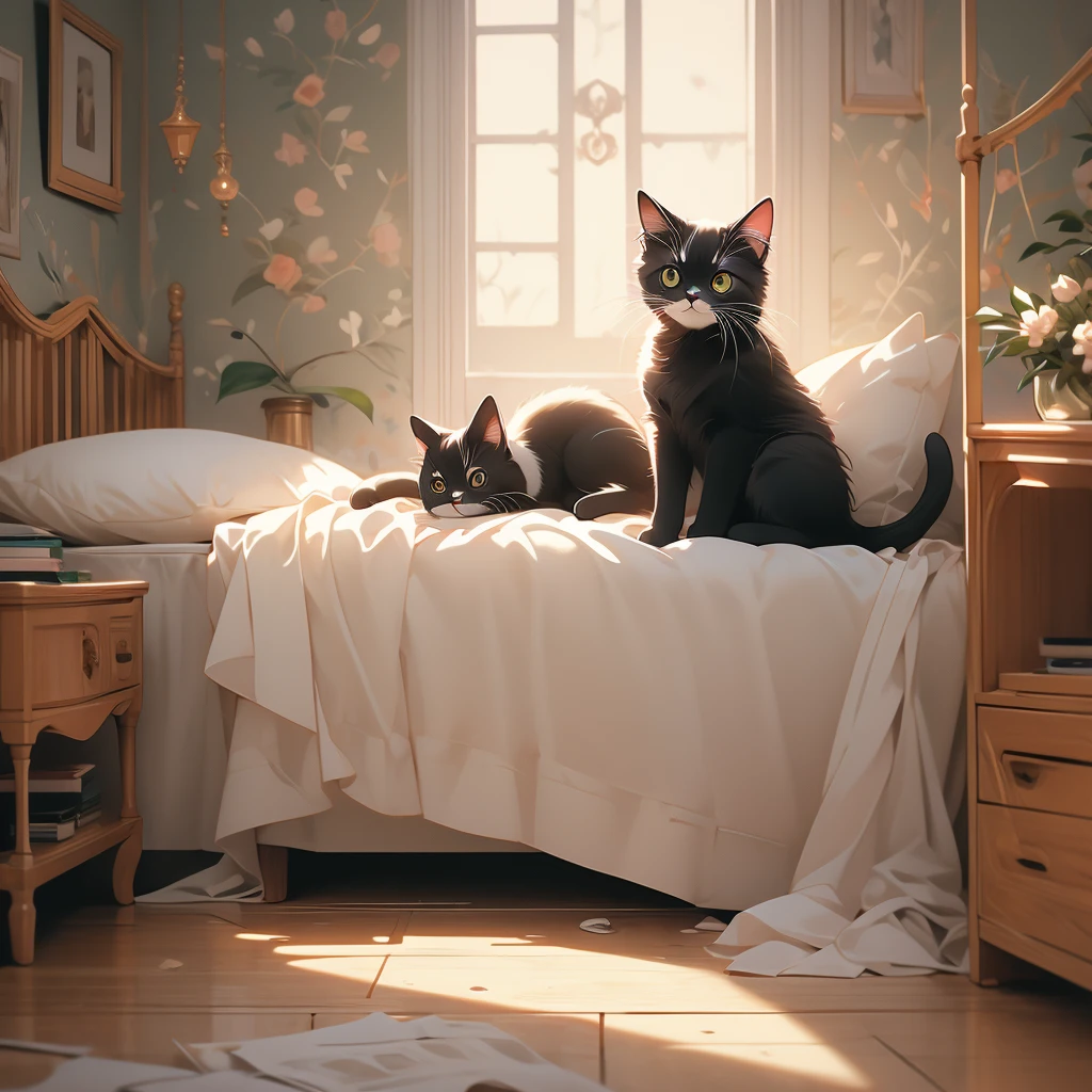 a cat lying on a bed in a room.