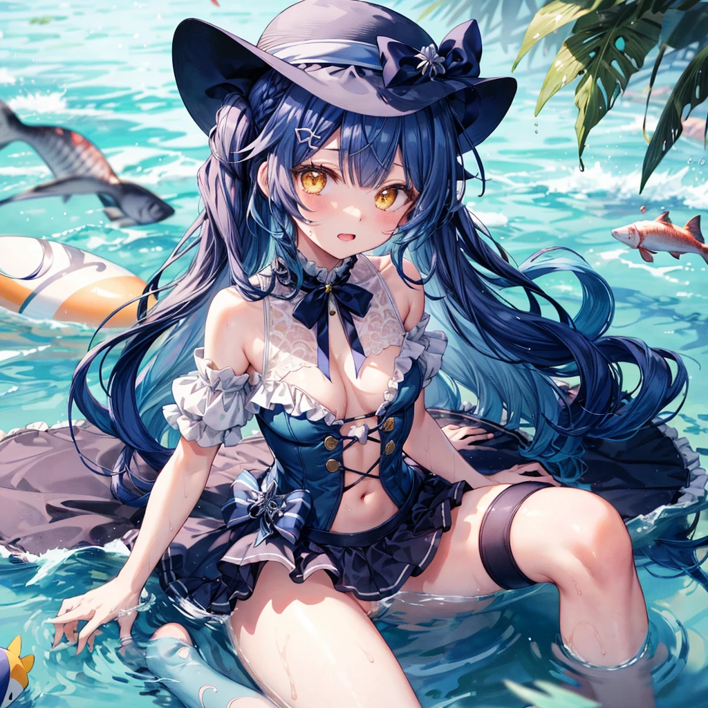 ((Highest quality)), ((masterpiece)), (detailed), ((nsfw)), the female anime character dressed in sexy clothing sits in the water and fishes, 1girl, swimsuit, breasts, 比基尼, 独奏, hat, straw hat, cleavage, navel, water, large breasts, looking at viewer, bangs, frills, frilled 比基尼, Virtual Youtuber, sitting, pink 比基尼, long hair, blue hair, small breasts, (wet), sweat, see through,