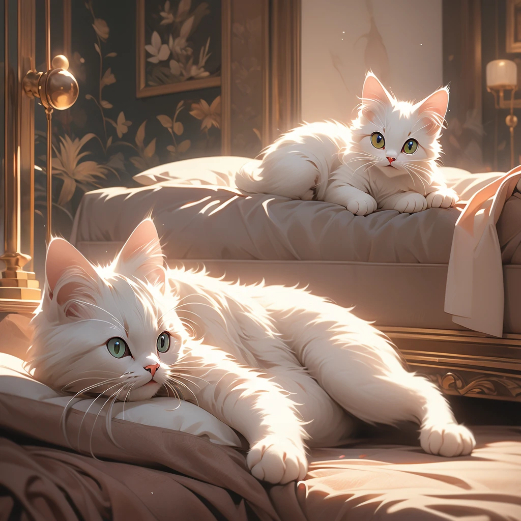 a cat lying on a bed in a room.