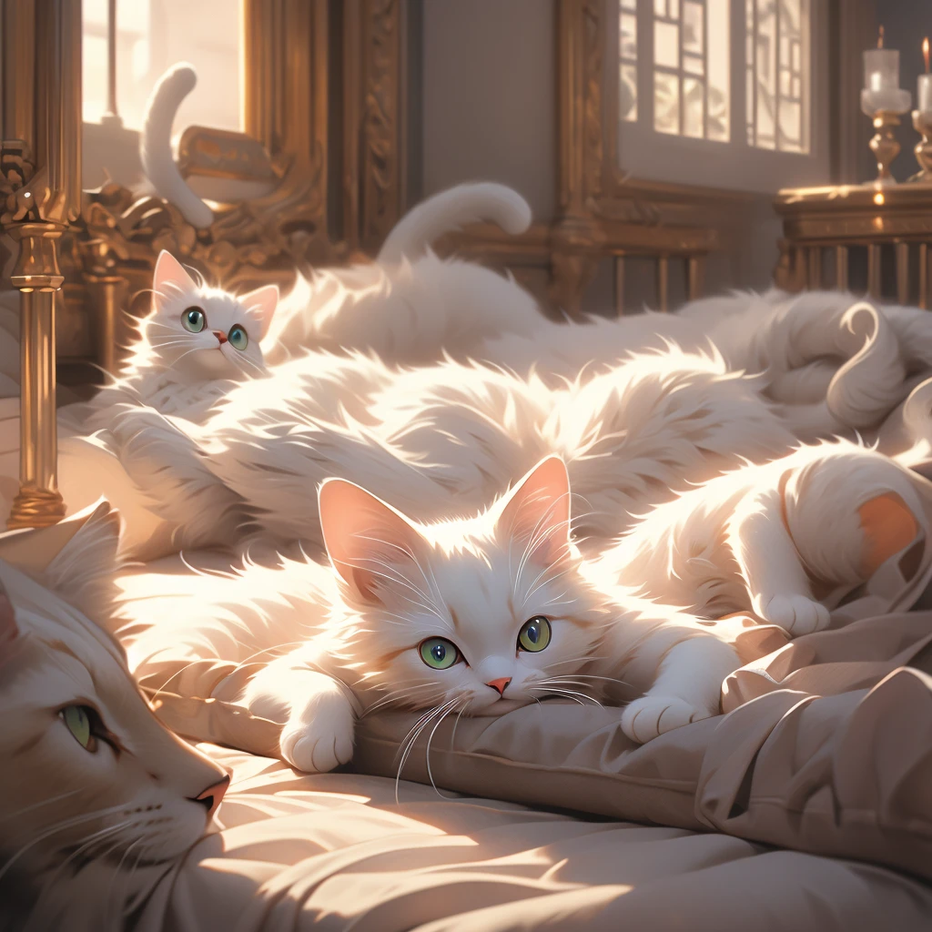 a cat lying on a bed in a room.