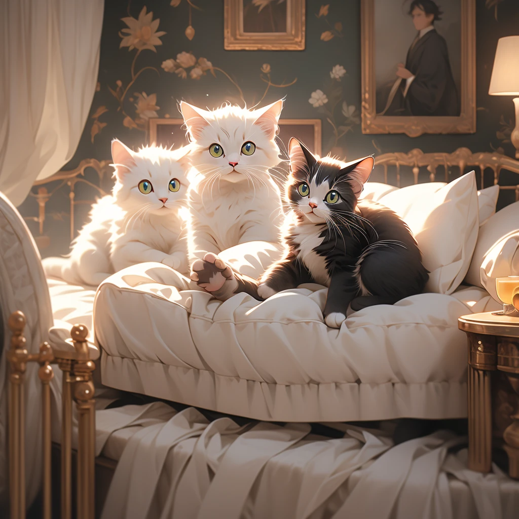 a cat lying on a bed in a room.