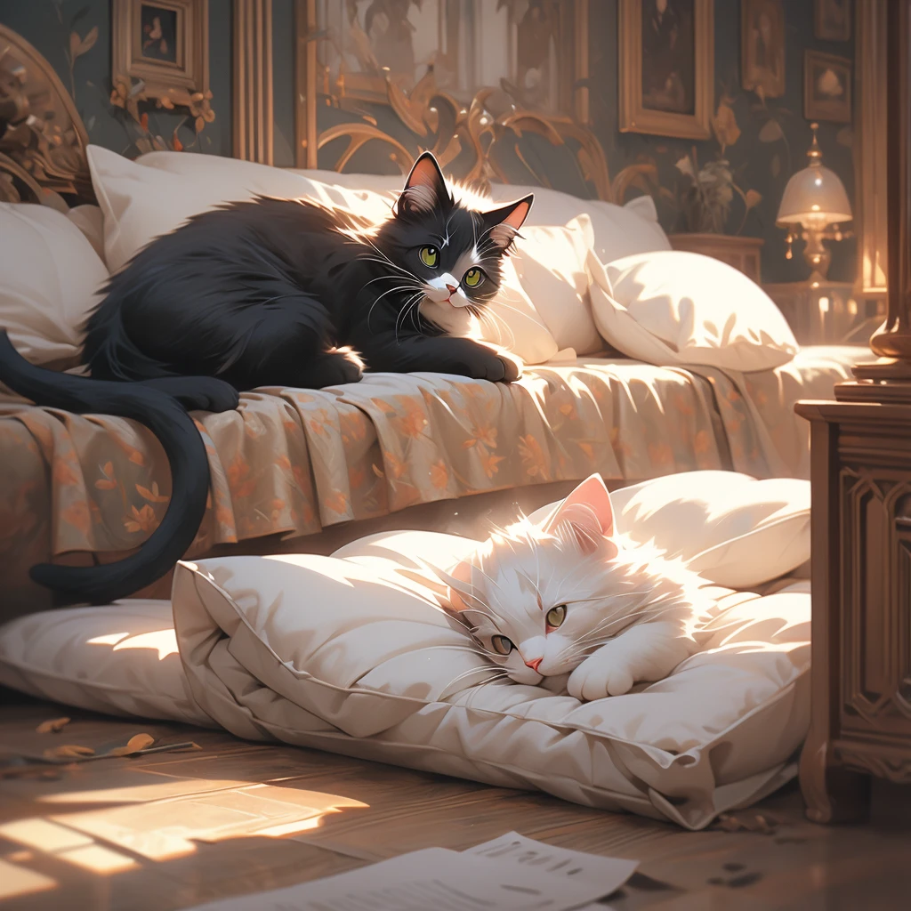 a cat lying on a bed in a room.