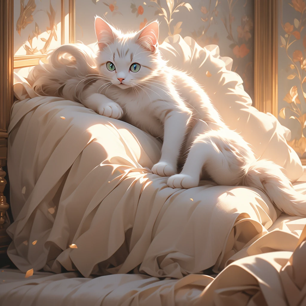 a cat lying on a bed in a room.