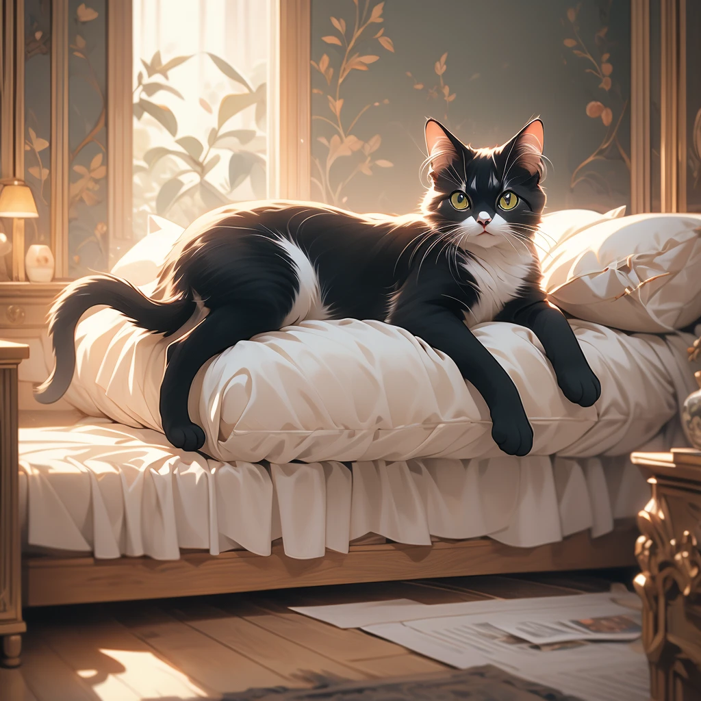a cat lying on a bed in a room.