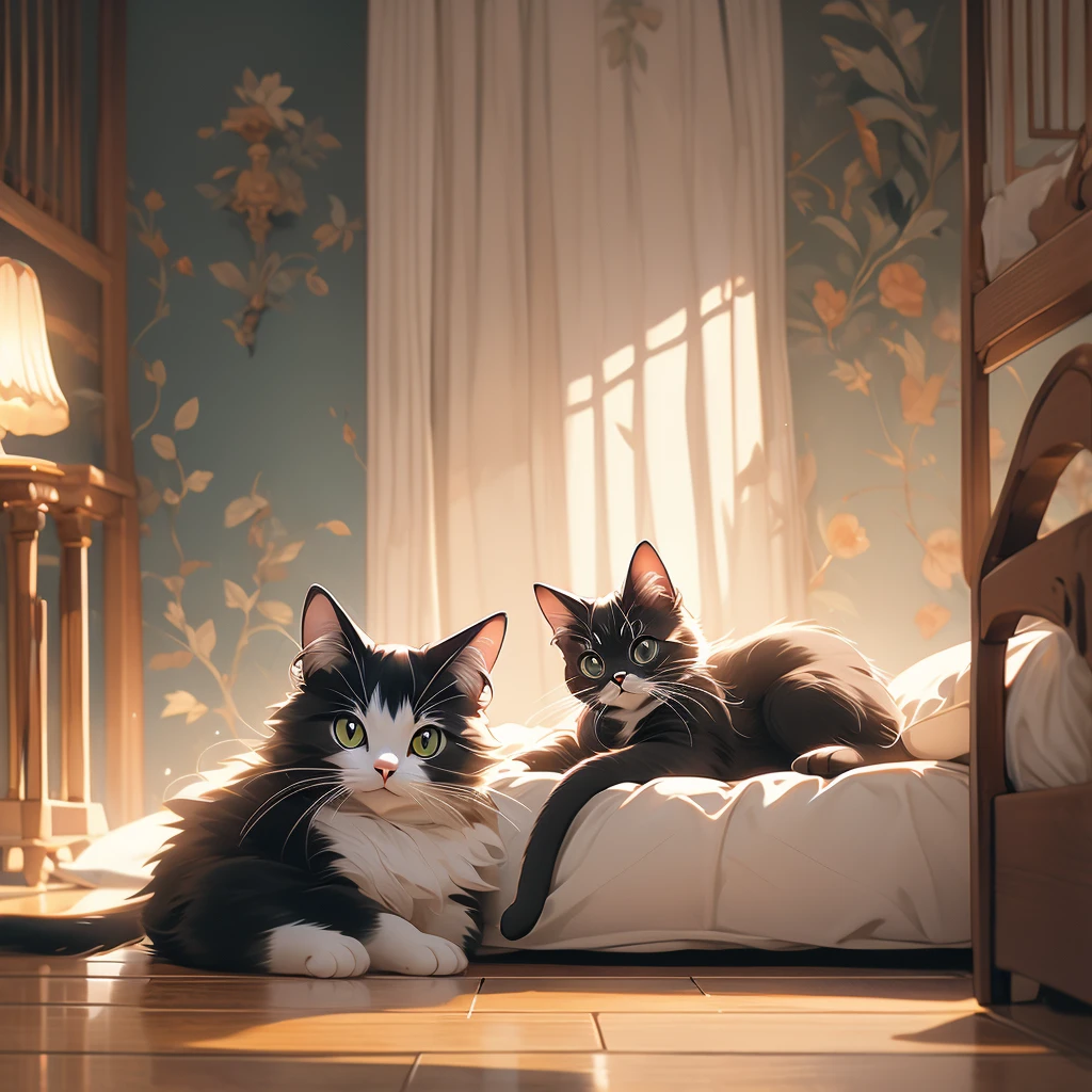 a cat lying on a bed in a room.