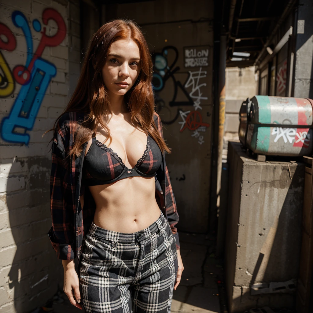 25-year-old ,girl with long red hair,  wears a plaid shirt with a loose fit. The pattern consists of intersecting lines in various colors, creating a checkered design.
Her wide pants are comfortable and slightly baggy, allowing freedom of movement. They reach down to her ankles.
She completes the look with sturdy sneakers that have a worn-in appearance.
Location:

You find her in a dimly lit alleyway tucked away from the bustling city streets.
The walls of the alley are covered in graffiti, a vibrant mix of colors and styles. Some depict abstract shapes, while others convey messages or symbols.
Flickering streetlights cast uneven shadows, creating an atmosphere of mystery and intrigue
plaid shirt, black bra, panties sticking out of the pants