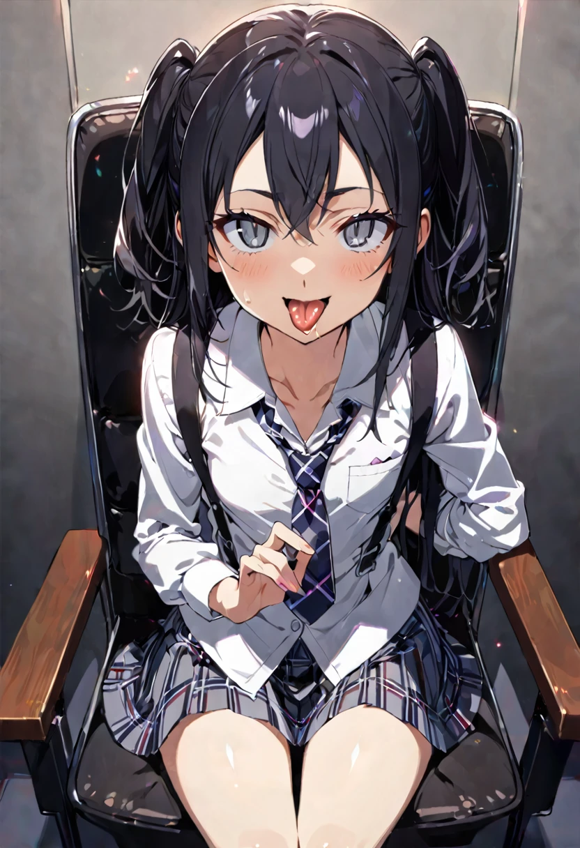 handjob,Sit in a black chair,uniform,shirt,Checked tie,Checked Skirt,Navy Socks,first round,(1girl,Beautiful 14 year old girl),((Slender,,low length,Small breasts,Thin legs,Small Ass,Baby Face,Small face)),lick,open mouth,tongue out,cum on tongue,front face,from front,looking at viewer, looking ahead,from above,cowboy shot,Black Hair,two side up,Gray Eyes,Drooping eyes,slit pupils,narrow eyes.middle School girls,Beautiful and detailed anime art,Mischievous smile,Sexy vibe,Dimly lit room,Simple Background,Gray background,Low lighting