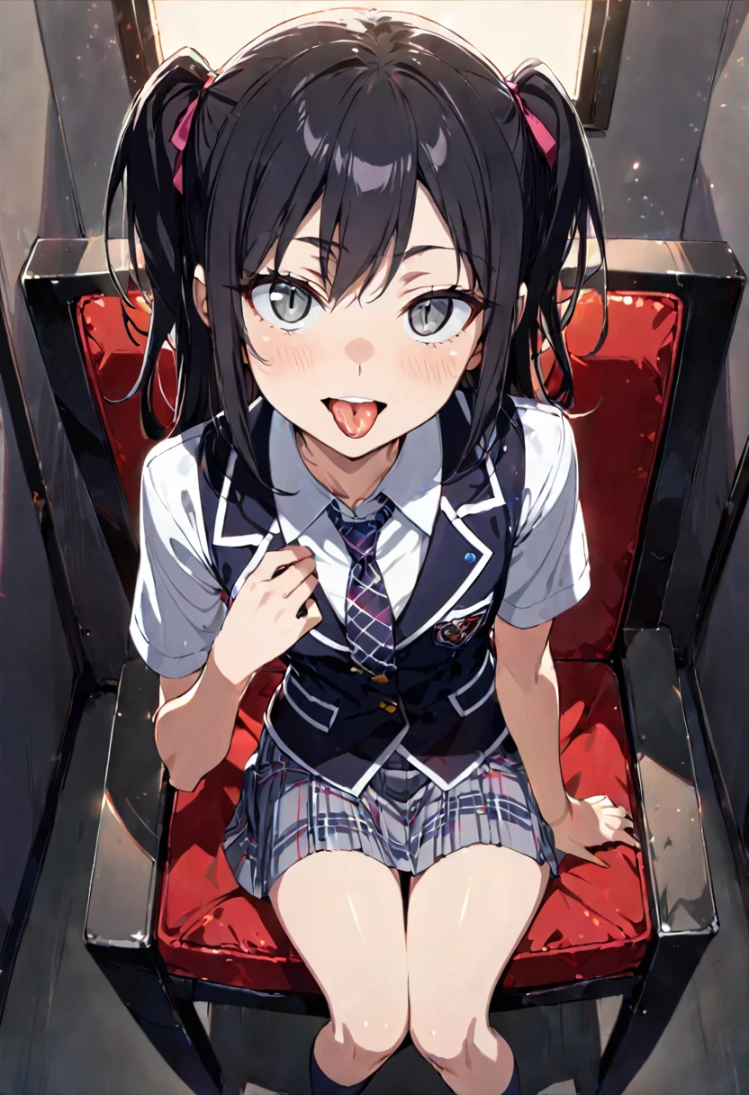 handjob,Sit in a black chair,uniform,shirt,Checked tie,Checked Skirt,Navy Socks,first round,(1girl,Beautiful 14 year old girl),((Slender,,low length,Small breasts,Thin legs,Small Ass,Baby Face,Small face)),lick,open mouth,tongue out,cum on tongue,front face,from front,looking at viewer, looking ahead,from above,cowboy shot,Black Hair,two side up,Gray Eyes,Drooping eyes,slit pupils,narrow eyes.middle School girls,Beautiful and detailed anime art,Mischievous smile,Sexy vibe,Dimly lit room,Simple Background,Gray background,Low lighting