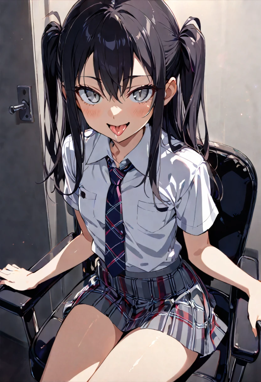 handjob,Sit in a black chair,uniform,shirt,Checked tie,Checked Skirt,Navy Socks,first round,(1girl,Beautiful 14 year old girl),((Slender,,low length,Small breasts,Thin legs,Small Ass,Baby Face,Small face)),lick,open mouth,tongue out,cum on tongue,front face,from front,looking at viewer, looking ahead,from above,cowboy shot,Black Hair,two side up,Gray Eyes,Drooping eyes,slit pupils,narrow eyes.middle School girls,Beautiful and detailed anime art,Mischievous smile,Sexy vibe,Dimly lit room,Simple Background,Gray background,Low lighting
