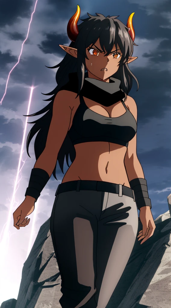 (1girl ,25s,adult,mature female),long hair, black hair,horns,elf ears,((black scarf)),cleavage,((dark skin)),(black sports bra,leather pants, midriff),angry face,walking,from below, montains,lightnings,thunders,night,thunder clouds,