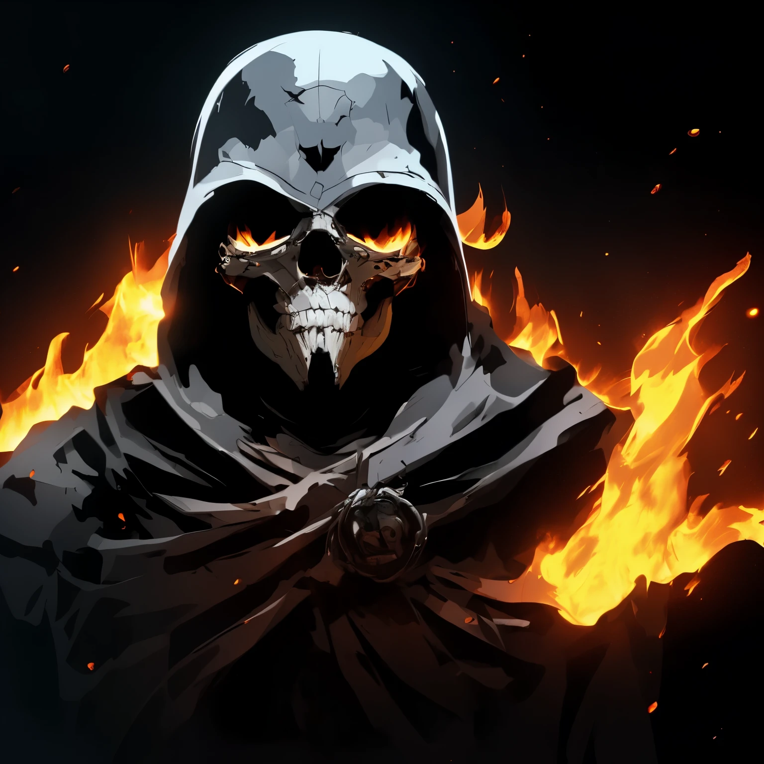 Dark skull face, on fire, deep down giving the impression that the world has ended, extremely detaild, high qualiy,  vector style