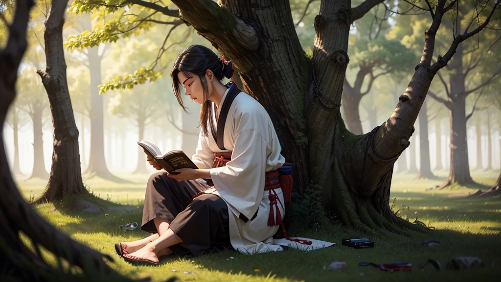 Samurai,espadachin, sitting in a forest, calm, quiet, PENSATIVE, with a book in hand, studying, several trees, tree with pink flower