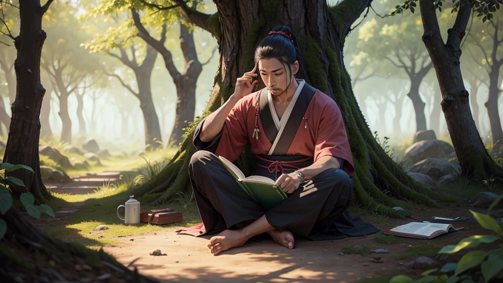 Samurai,espadachin, sitting in a forest, calm, quiet, PENSATIVE, with a book in hand, studying, several trees, tree with pink flower