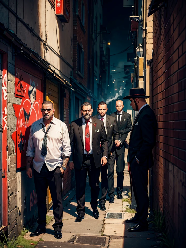 a group of mafia gangs were smoking and drinking. someone vomits against a graffiti background in a corner alley of the city with red highlights