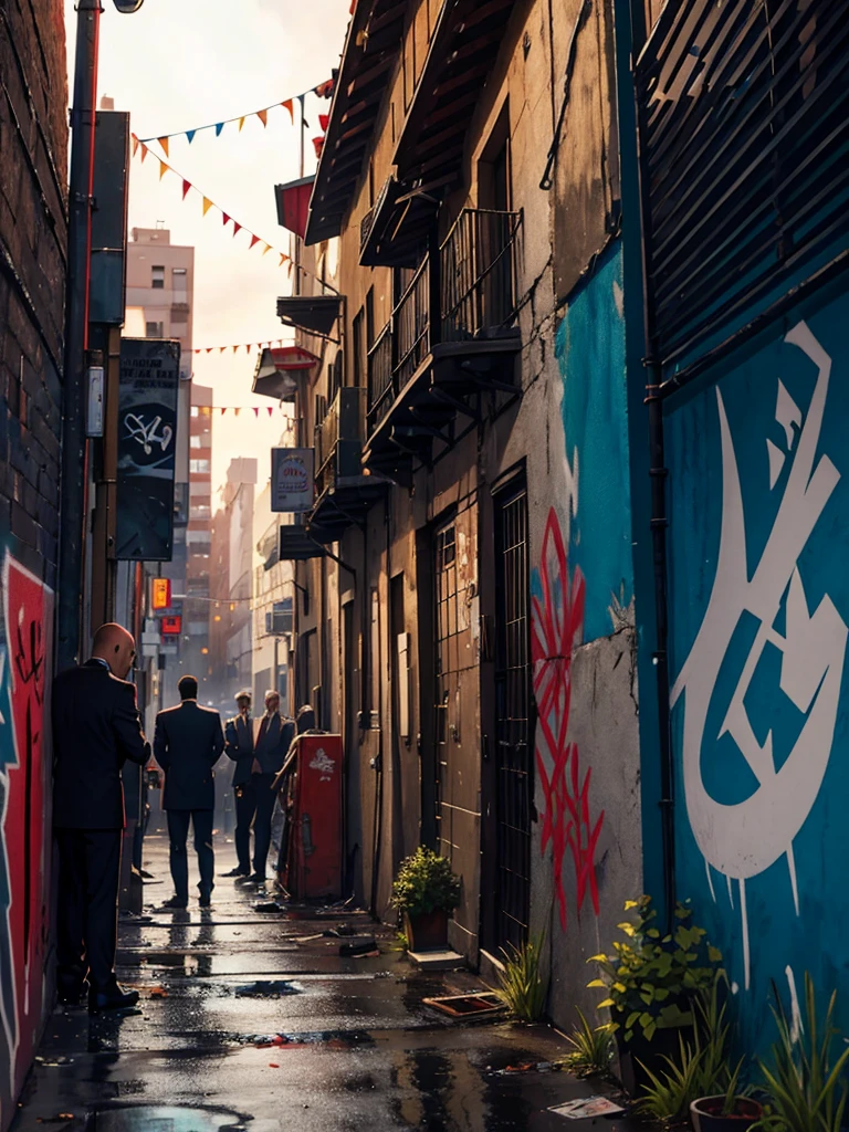 a group of mafia gangs were smoking and drinking. someone vomits against a graffiti background in a corner alley of the city with red highlights