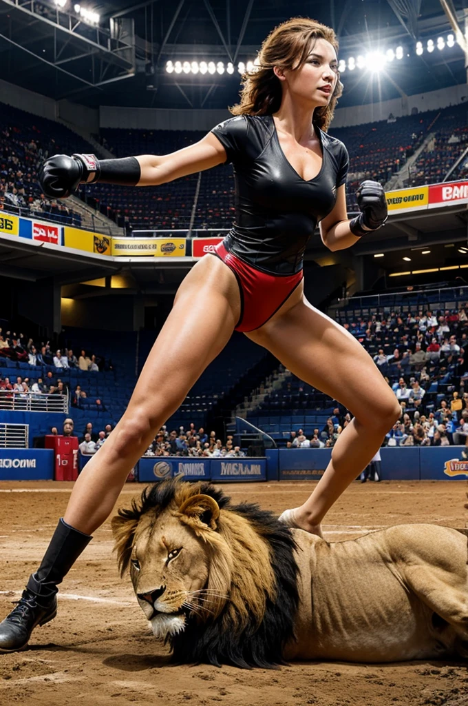 Generate a lady dropping a glove into a arena where lion's are fighting
