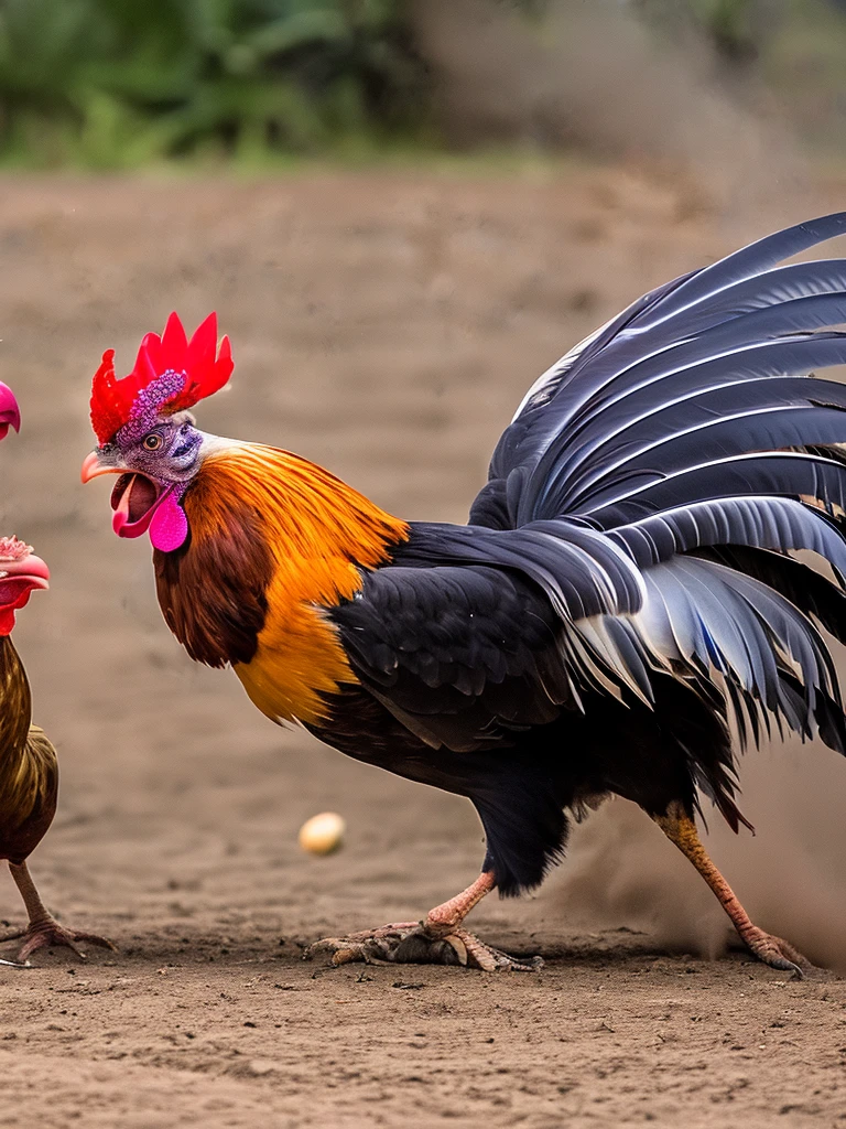 In both corners of the image there is a rooster's head, with a hateful expression and the two are fighting in a dark area with one looking at the other, they are fighting very angrily, they fight up close but only face to face, the king of the rooster . Face to face, even from an action film, a lively and arrogant expression, even from a nature documentary, facing off in a duel. very high contour resolution