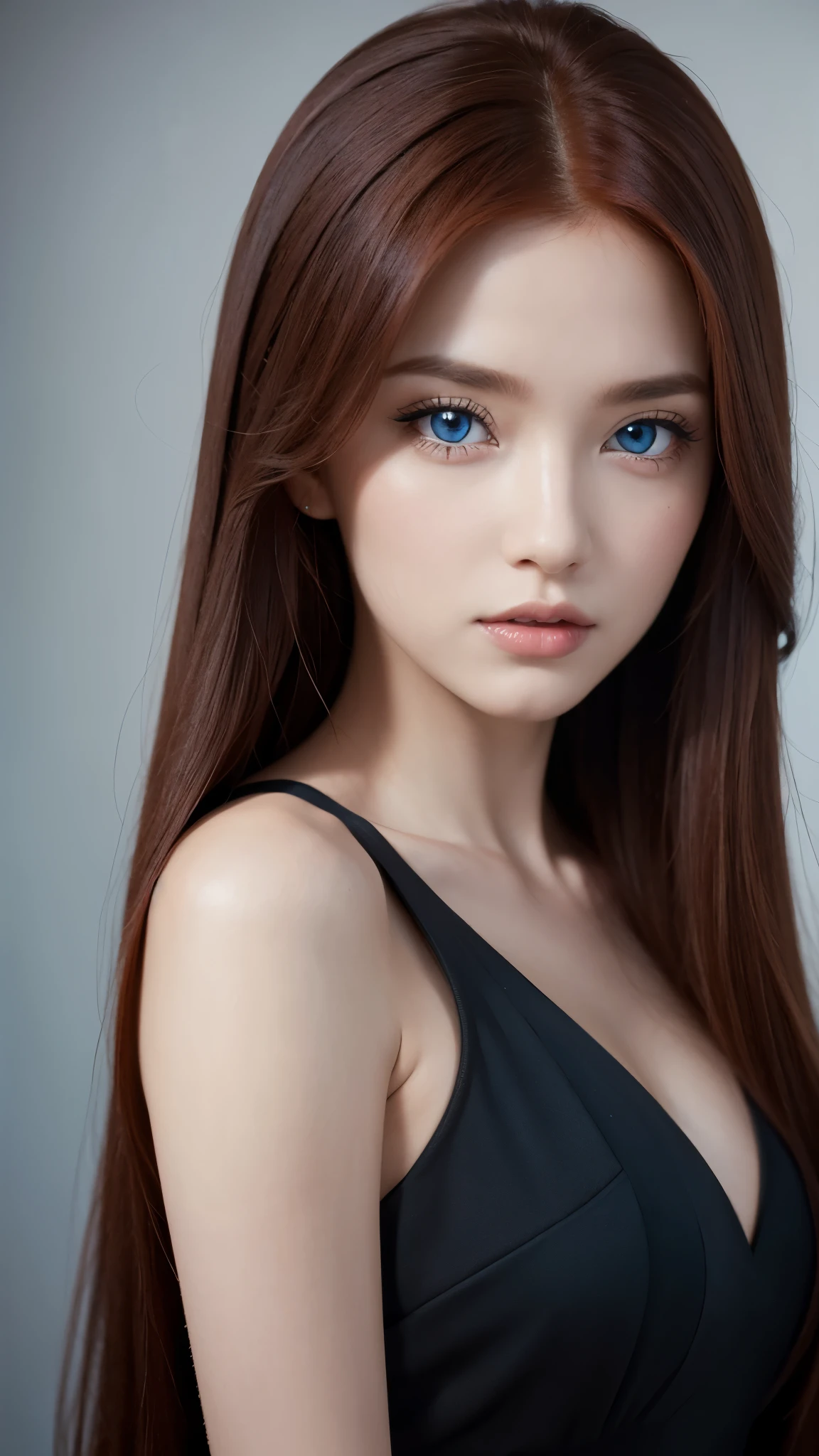 Beautiful redhead latina type girl with blue eyes and long hair wearing black dress close up on face photo shoot 