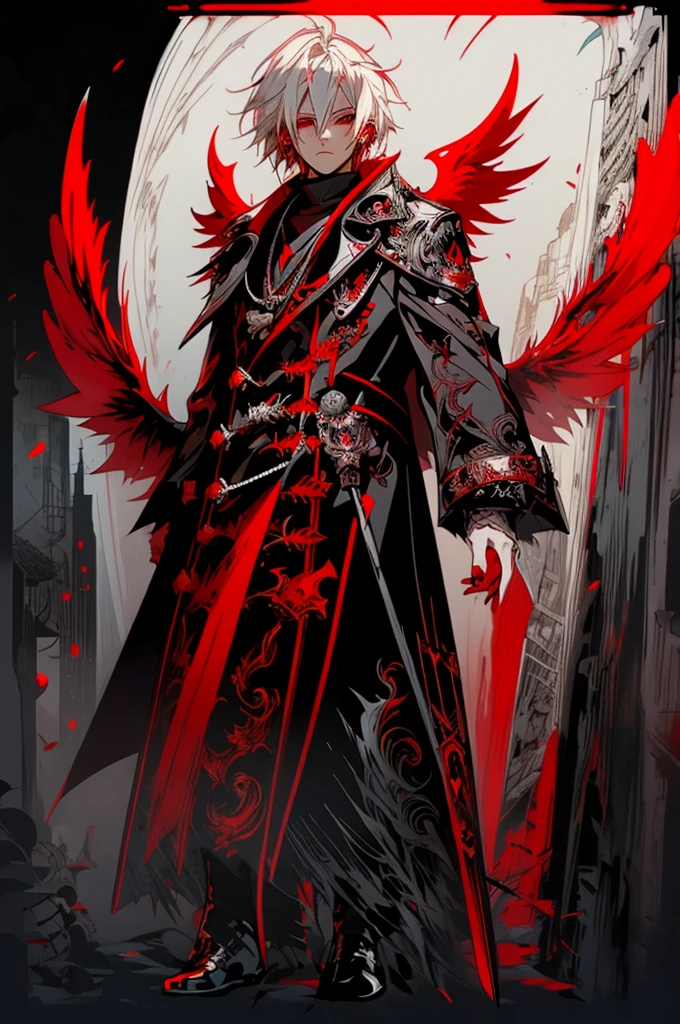 Anime style illustration of a guy with (boy with white hair),(red eyes) (wearing a long black coat), (with open arms),(bone wings), whimsical, JRPG, charming, emotionally, detailed environment, Fantastic , imaginative, visually rich, Atmospheric , Wide, flat lighting, 2D, Cartoon, vector, Art by Mschiffer, best quality, best resolution