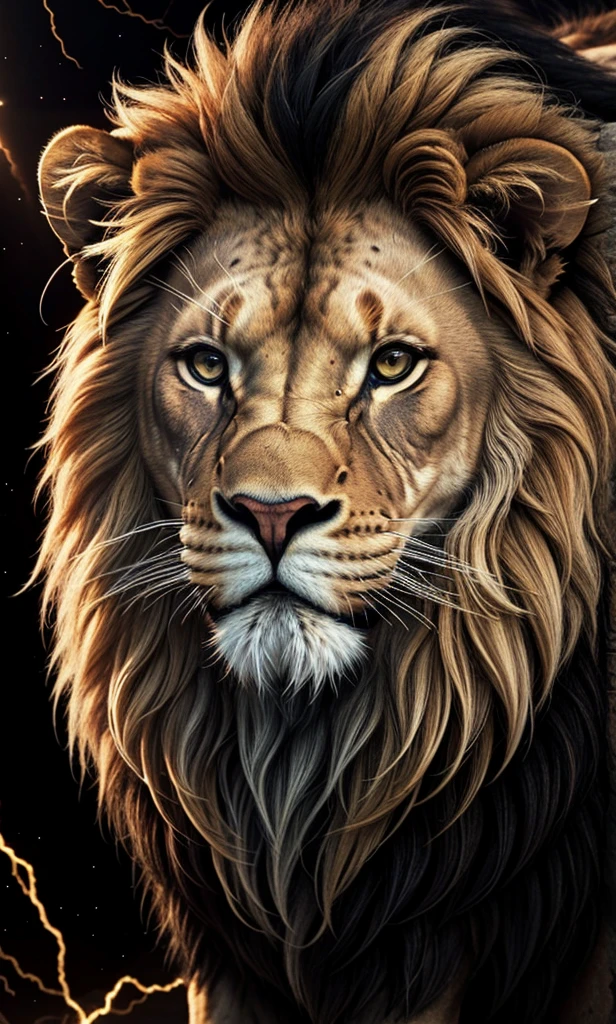 Lion, Divine Lion, naturals, naturals, ferocious, masculine, mighty, golden lion, Thunder Storm, fire rays, Photorealistic Lion, 4K PhotoRealism, Energy, Powerful Lion, Beautiful nature, Great Realistic Lion, FullHD 8K, Sky ligh, Sunset Night, Ligh Sky Sun, Balck Golden, black andwhite, black and gold, detailed realistic face, 8K Detailed Realistic White Lion, Ultrarealistic 8k |, Energia de thunder realista detalhada, Strong Creature realista detalhada, Strong Creature, Lion macho, Rendering, Fotorrealista 8K, UltraHD Alta definição 8K, Detailed Realistic 16K, Nitidez Fotorrealista 8K, 16K photorealistic textures, Contraste Fotorrealista 8K, Sombras Fotorrealistas 8K, Luzes Fotorrealistas 8K, Detailed realistic sunset, Detailed Realistic Lion Face, Detailed realistic light, detailed textures, thunder, detailed shadows, detailed colors, Celestial Electricity, Golden thunder, Lion realista, Ultra Realistic 16K, Realistic 16K, Realistic 16K sharpness, 16K photorealistic textures, 16K realistic colors, powerful creature, Majestic power, Power of Heaven, Great Divine, detailed contrast, realistic contrast, high resolution, detailed colors, fire, villany, divine creature, 8K, realistic detailed, 16K, 8K, High definition, detailed contrast, realistic contrast, high resolution, detailed colors, fire, villany, divine creature, realistic detailed, posh, chic