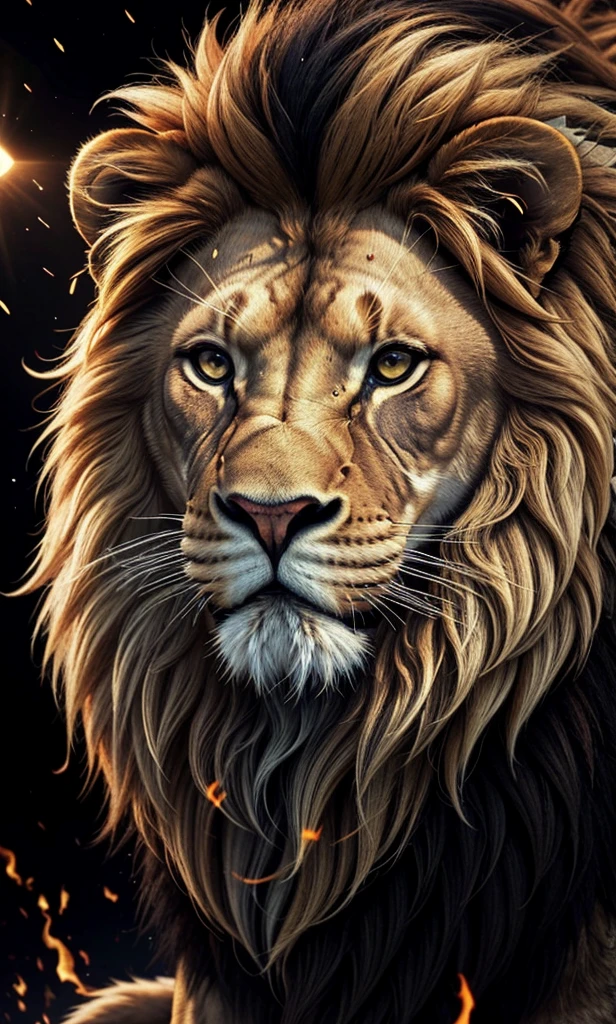 Lion, Divine Lion, naturals, naturals, ferocious, masculine, mighty, golden lion, Thunder Storm, fire rays, Photorealistic Lion, 4K PhotoRealism, Energy, Powerful Lion, Beautiful nature, Great Realistic Lion, FullHD 8K, Sky ligh, Sunset Night, Ligh Sky Sun, Balck Golden, black andwhite, black and gold, detailed realistic face, 8K Detailed Realistic White Lion, Ultrarealistic 8k |, Energia de thunder realista detalhada, Strong Creature realista detalhada, Strong Creature, Lion macho, Rendering, Fotorrealista 8K, UltraHD Alta definição 8K, Detailed Realistic 16K, Nitidez Fotorrealista 8K, 16K photorealistic textures, Contraste Fotorrealista 8K, Sombras Fotorrealistas 8K, Luzes Fotorrealistas 8K, Detailed realistic sunset, Detailed Realistic Lion Face, Detailed realistic light, detailed textures, thunder, detailed shadows, detailed colors, Celestial Electricity, Golden thunder, Lion realista, Ultra Realistic 16K, Realistic 16K, Realistic 16K sharpness, 16K photorealistic textures, 16K realistic colors, powerful creature, Majestic power, Power of Heaven, Great Divine, detailed contrast, realistic contrast, high resolution, detailed colors, fire, villany, divine creature, 8K, realistic detailed, 16K, 8K, High definition, detailed contrast, realistic contrast, high resolution, detailed colors, fire, villany, divine creature, realistic detailed, posh, chic