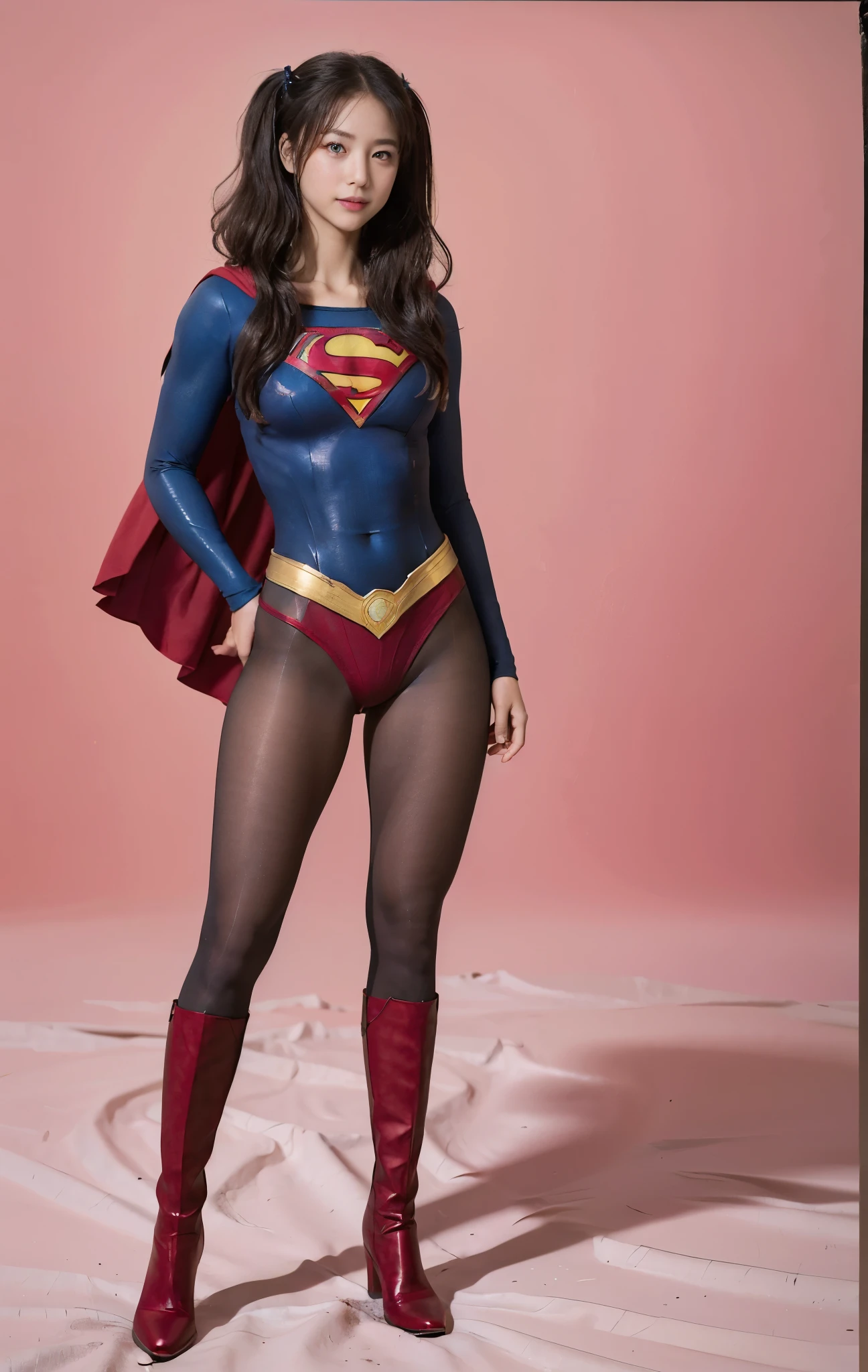 No background、(((Beautiful legs in black tights.)))、(((Legally express the beauty of your smile)))、((((Make the most of your original images)))、(((Supergirl Costume)))、(((Beautiful hair with twin tails)))、(((suffering)))、(((Please wear black tights....、Wear red boots)))、((Best image quality、8K))、((Highest quality、8K、masterpiece:1.3))、(((Preserve background )))、Sharp focus:1.2、Beautiful woman with perfect figure:1.4、Slim Abs:1.2、Wet body:1.5、Highly detailed face and skin texture、8K