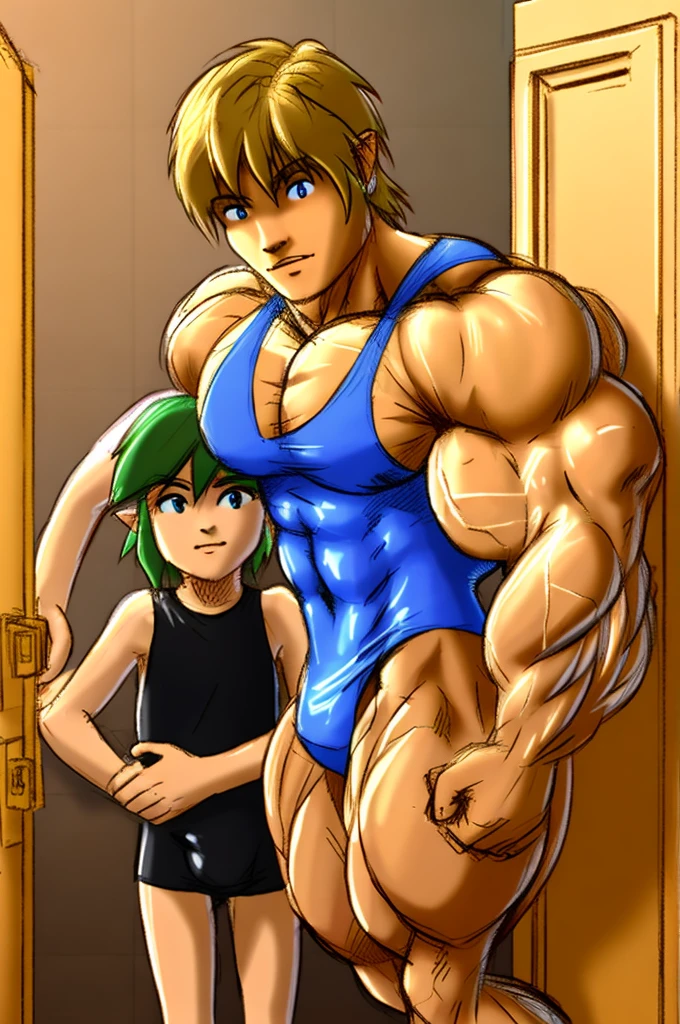 2 ,locker room,muscle size difference,male swimsuit,soft shading, mbbbbb , Link ,toon Link 