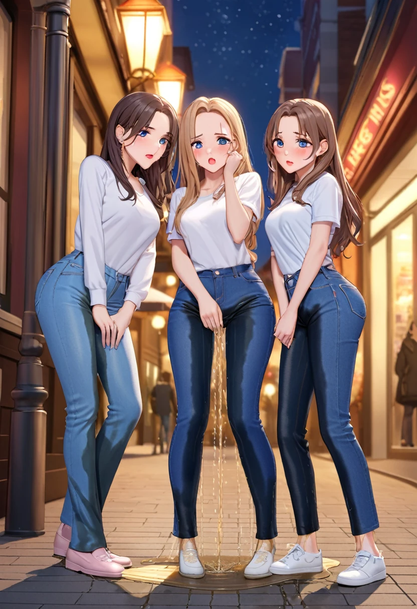 ((best quality, masterpiece:1.3, 8K)), (detailed), highly detailed face and skin texture, detailed eyes, downtown, night time, full body, (slender body:1.1), (a group of girls:1.2), 25 years old, white skin, bright lips, scared. worried, embarrassed, long hair, (forehead:1.0), jeans pants, flares jeans, tight jeans, blue jeans, (wetting themself:1.5), desperation:1.5,