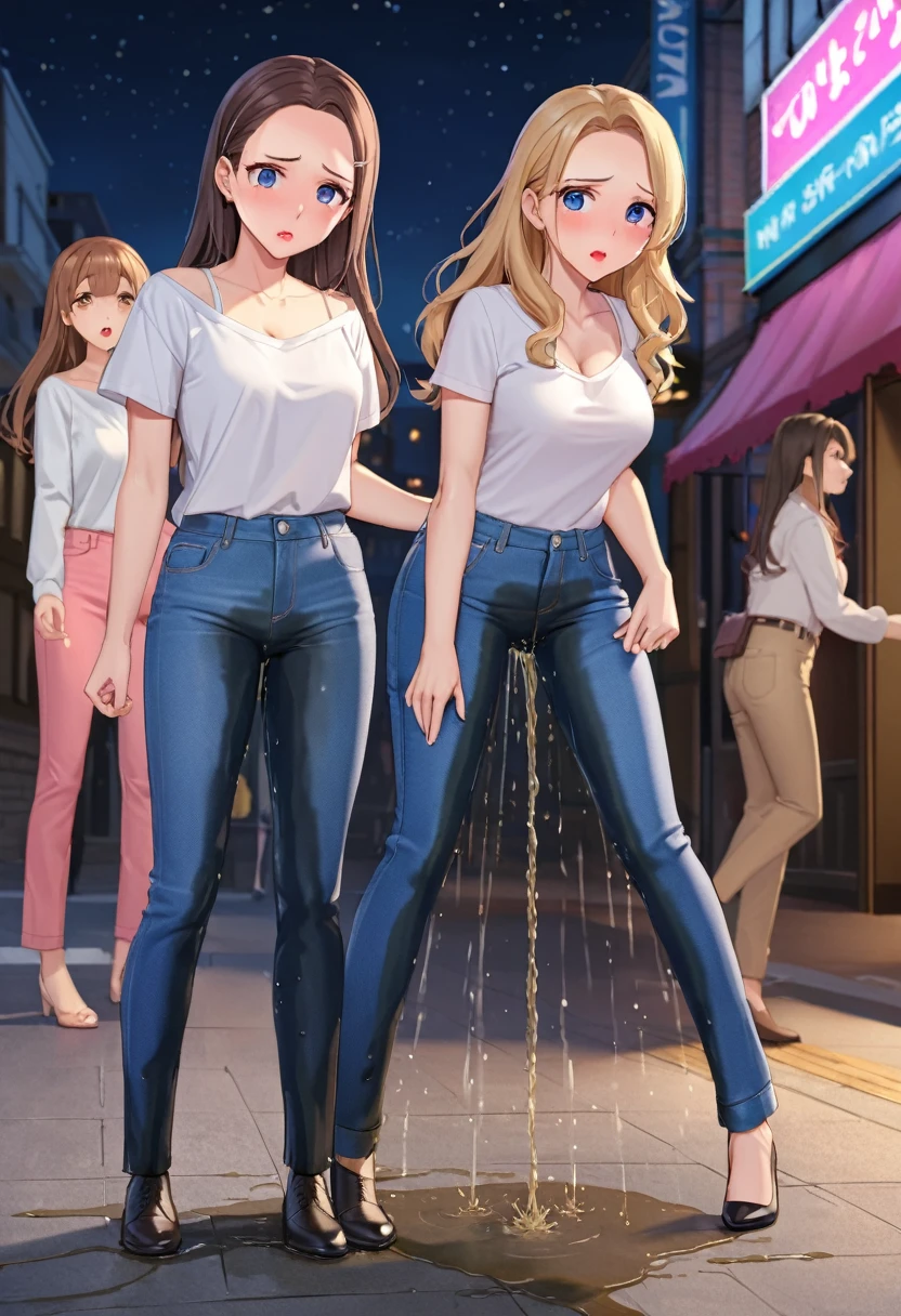 ((best quality, masterpiece:1.3, 8K)), (detailed), highly detailed face and skin texture, detailed eyes, downtown, night time, full body, (slender body:1.1), (a group of girls:1.2), 25 years old, white skin, bright lips, scared. worried, embarrassed, long hair, (forehead:1.0), jeans pants, flares jeans, tight jeans, blue jeans, (wetting themself:1.5), desperation:1.5,