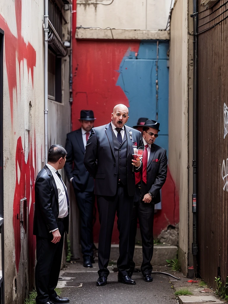 a group of mafia gangs were smoking and drinking. someone vomits against a graffiti background in a corner alley of the city with red highlights