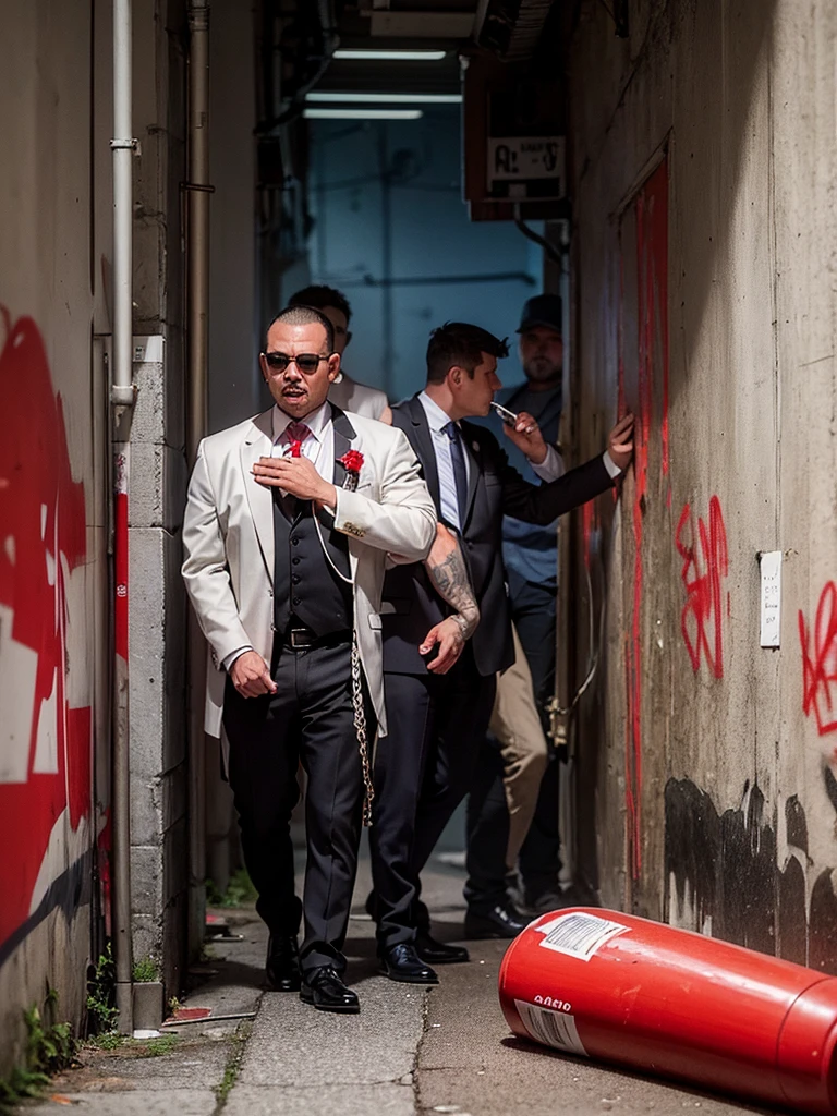 a group of mafia gangs were smoking and drinking. someone vomits against a graffiti background in a corner alley of the city with red highlights