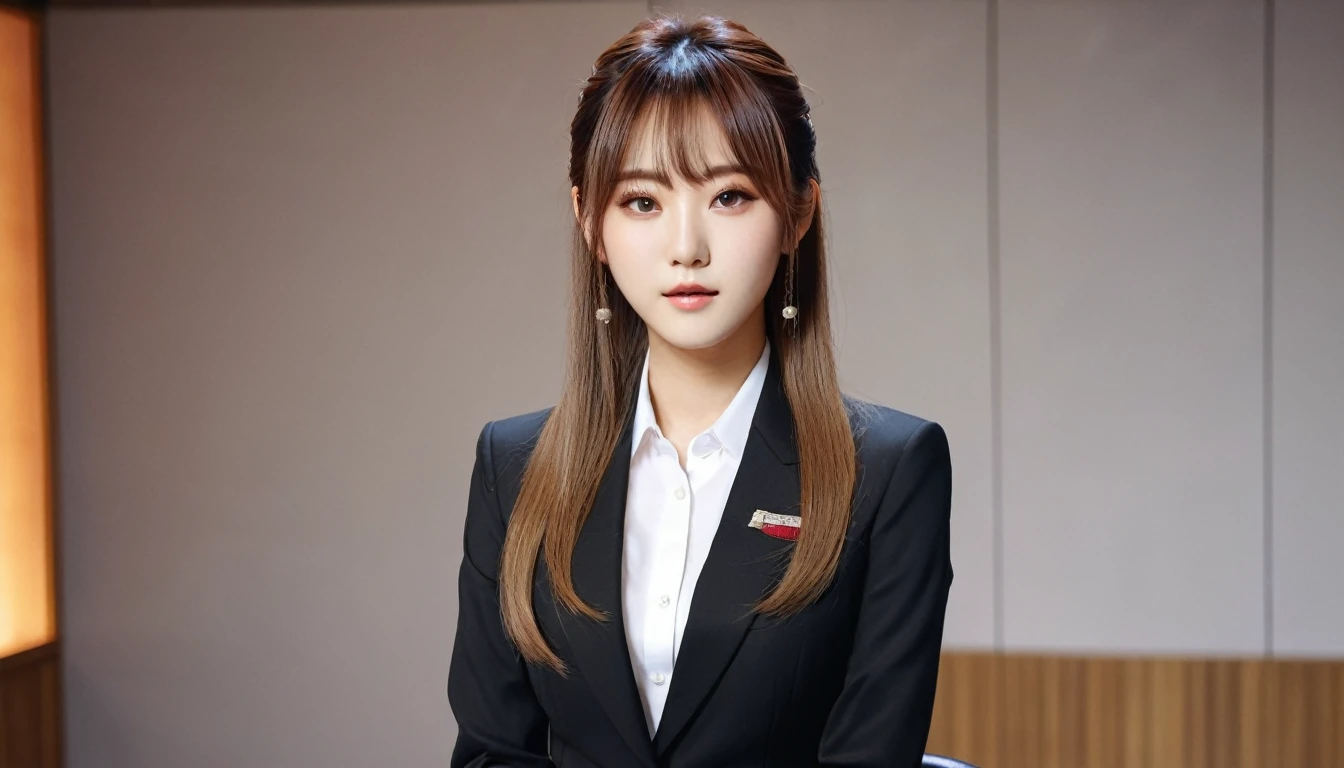 masterpiece、1 beautiful girl、fine grain、Puffy eyes、Highest quality, 超High resolution, (reality: 1.4), Cinema Lighting、Japanese、Asian Beauty、so beautiful、Beautiful Skin、thin、Body facing forward、(超reality的な)、(High resolution)、(8K)、(Very detailed)、(beautiful fine grains)、(Very detailed)、 (wall-)、Detailed face、Bright lighting、Professional Lighting、Looking at the audience、Look straight ahead、(Dressed in a black business suit.)、Television Station,News Studio,Sitting at a desk,Long Hair, Beautiful Hair, Asymmetrical bangs, 、Brown Hair、Japanese Idols、news caster、Fiery idol pose、、21 years old、expensive, Serious expression,