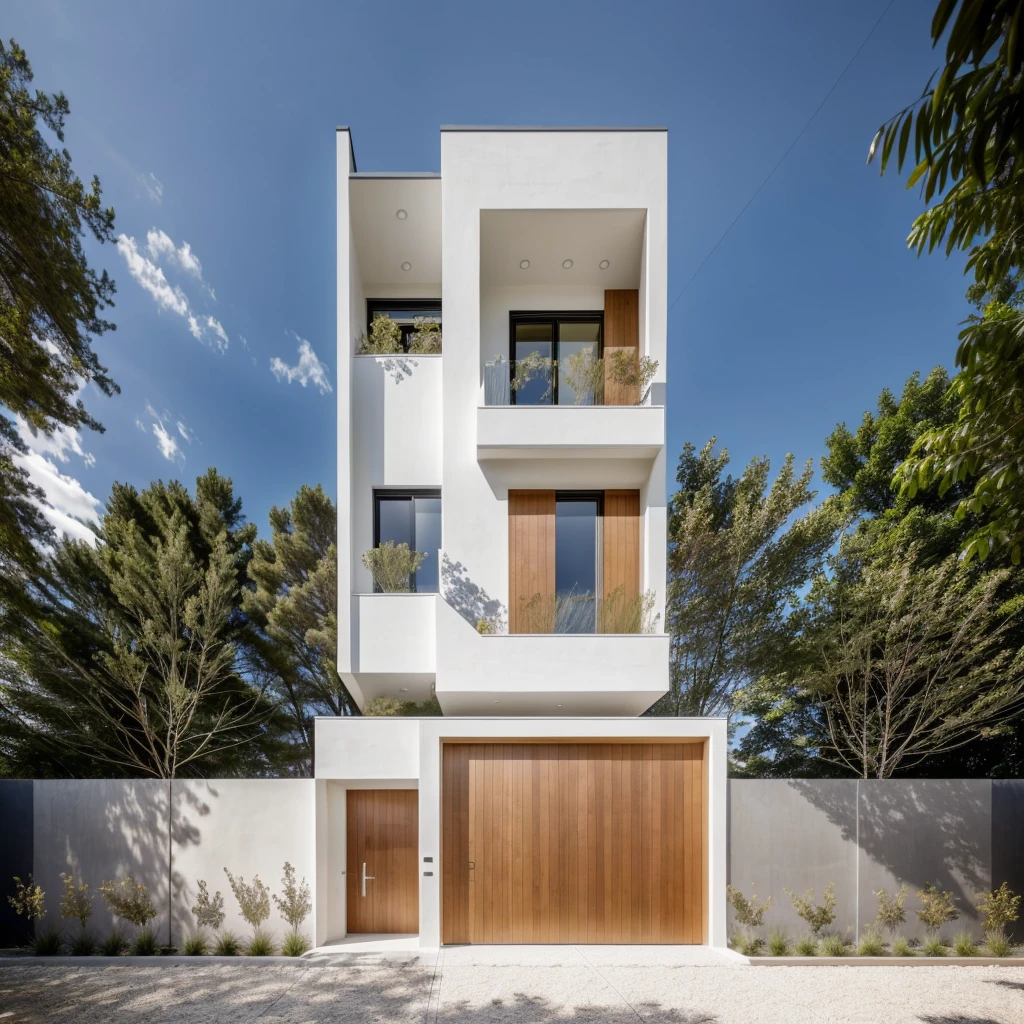 1 architecte moderne, main material by white wall and wood, 1 large courtyard, 1 road passes in front of the house,  (Photo brute, real, best quality, head of&#39;artwork:1.2), avoir l&#39;modern and minimalist look, 1 route devant la maison, dynamic lighting:1.3, (hyper realistic, photo-realistic:1.2), High quality, (dark lighting:1.2), perfect lighting, archquotidiennement, no&#39;humain