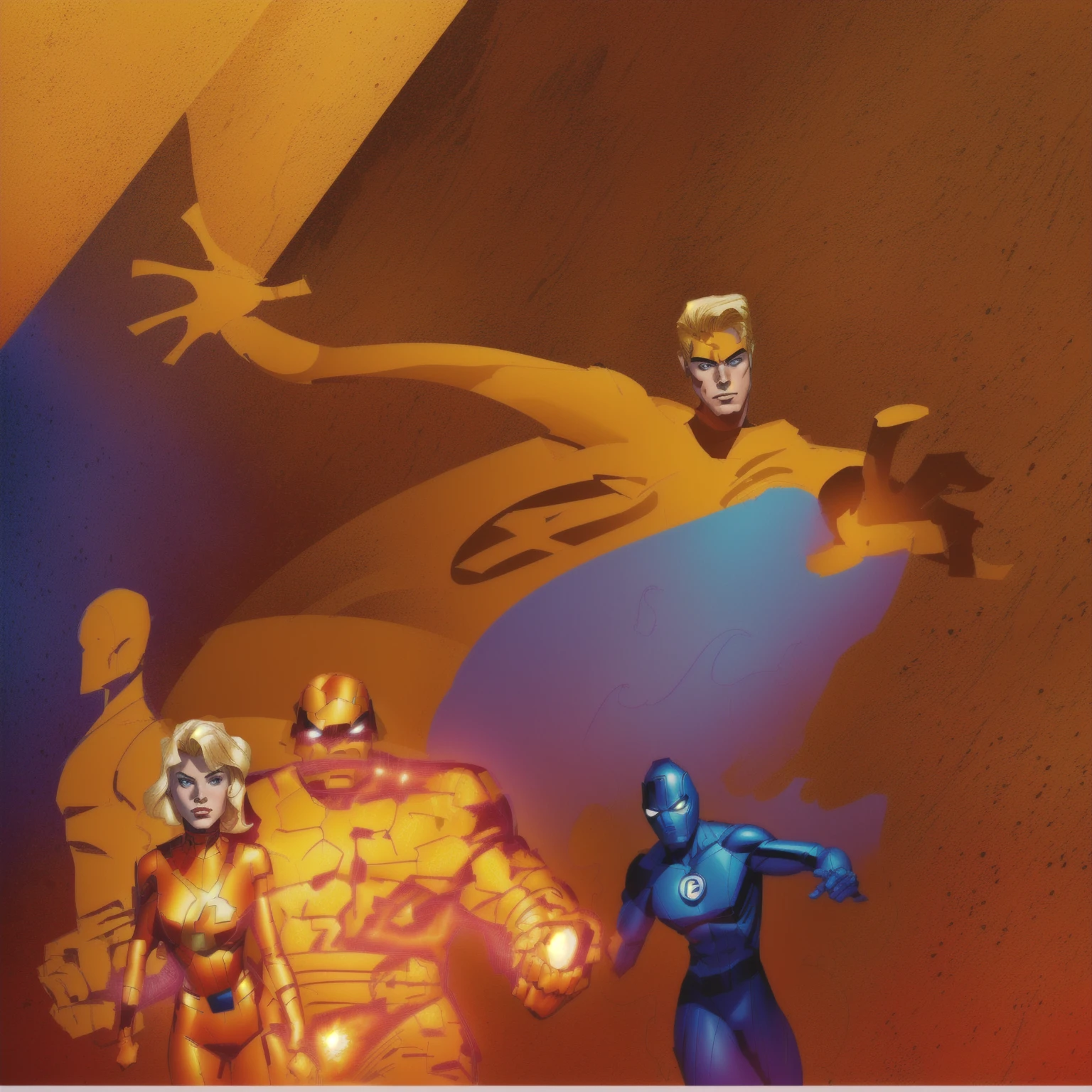 8 k detail, master piece, marvel comic book drawing of the Fantastic Four. The Thing: is an orange rock man. the Human Torch is a red body man with yellow fire surrounding him. The Invisible girl: is a blonde beautiful woman in a blue and white costume. Mr. Fantastic is a stretchy rubber man in a blue and white costume. NO background. White backdrop. colored comic book drawing, intense line art, inspired by Jack Kirby, inspired by John Romita Jr. ink outlines, comic book illustration, inspired by John Byrne, comic inks, comic art, John Romita senior.
