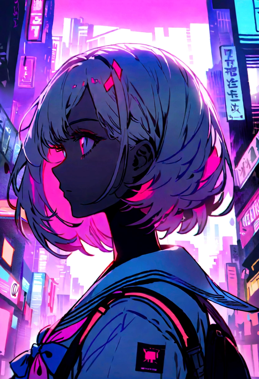 girl in cyberpunk style in a sailor suit, Ultra science fiction,Nothing to do with web images,Has a very unique personality,,Strongly reflected light,Ultra-delicate skin and clothing,Super soft hair,unity,Extreme science fiction, city in neon, a lot of signs like time square, on one it is written in capital letters "WHAT IS REAL", girl in silhouette