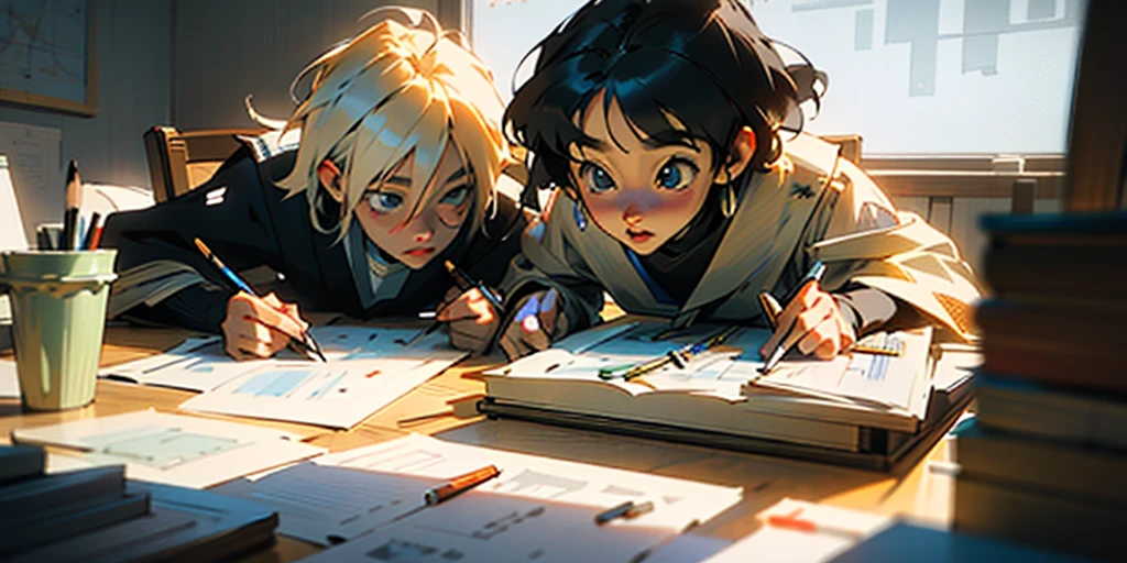 Create a table with papers and pencils on top, a map, and two children looking at it. anime style with realistic lighting. ((best quality)), (anime style).