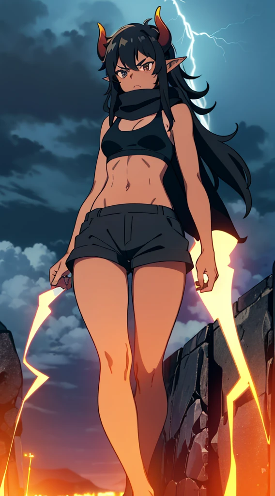 (1girl ,25s,adult,mature female),long hair, black hair,horns,elf ears,((black scarf)),cleavage,((dark skin)),(black sports bra,black sports, shorts, midriff),angry,walking,from below, montains,lightnings,thunders,night,thunder clouds,