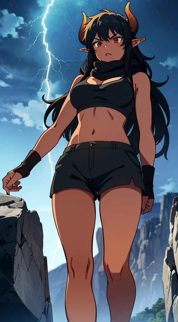 (1girl ,25s,adult,mature female),long hair, black hair,horns,elf ears,((black scarf)),cleavage,((dark skin)),(black sports bra,black sports, shorts, midriff),angry,walking,from below, montains,lightnings,thunders,night,thunder clouds,