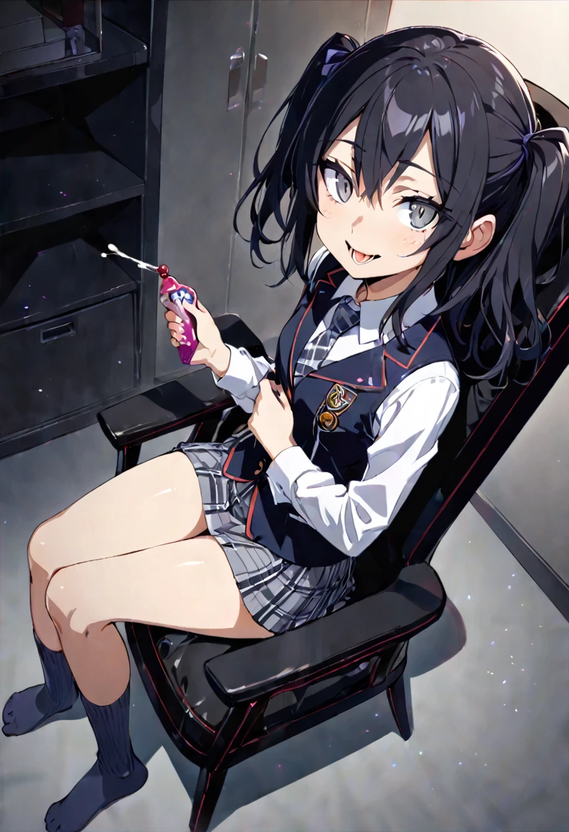 handjob,Sit in a black chair,side view,uniform,shirt,Checked tie,Checked Skirt,Navy Socks,(1girl,Beautiful 14 year old girl),((Slender,,low length,Small breasts,Thin legs,Small Ass,Baby Face,Small face)),lick,open mouth,tongue out,cum on tongue,front face,from front,looking at viewer, looking ahead,from above,cowboy shot,Black Hair,two side up,Gray Eyes,Drooping eyes,slit pupils,narrow eyes.middle School girls,Beautiful and detailed anime art,Mischievous smile,Sexy vibe,Dimly lit room,Simple Background,Gray background,Low lighting
