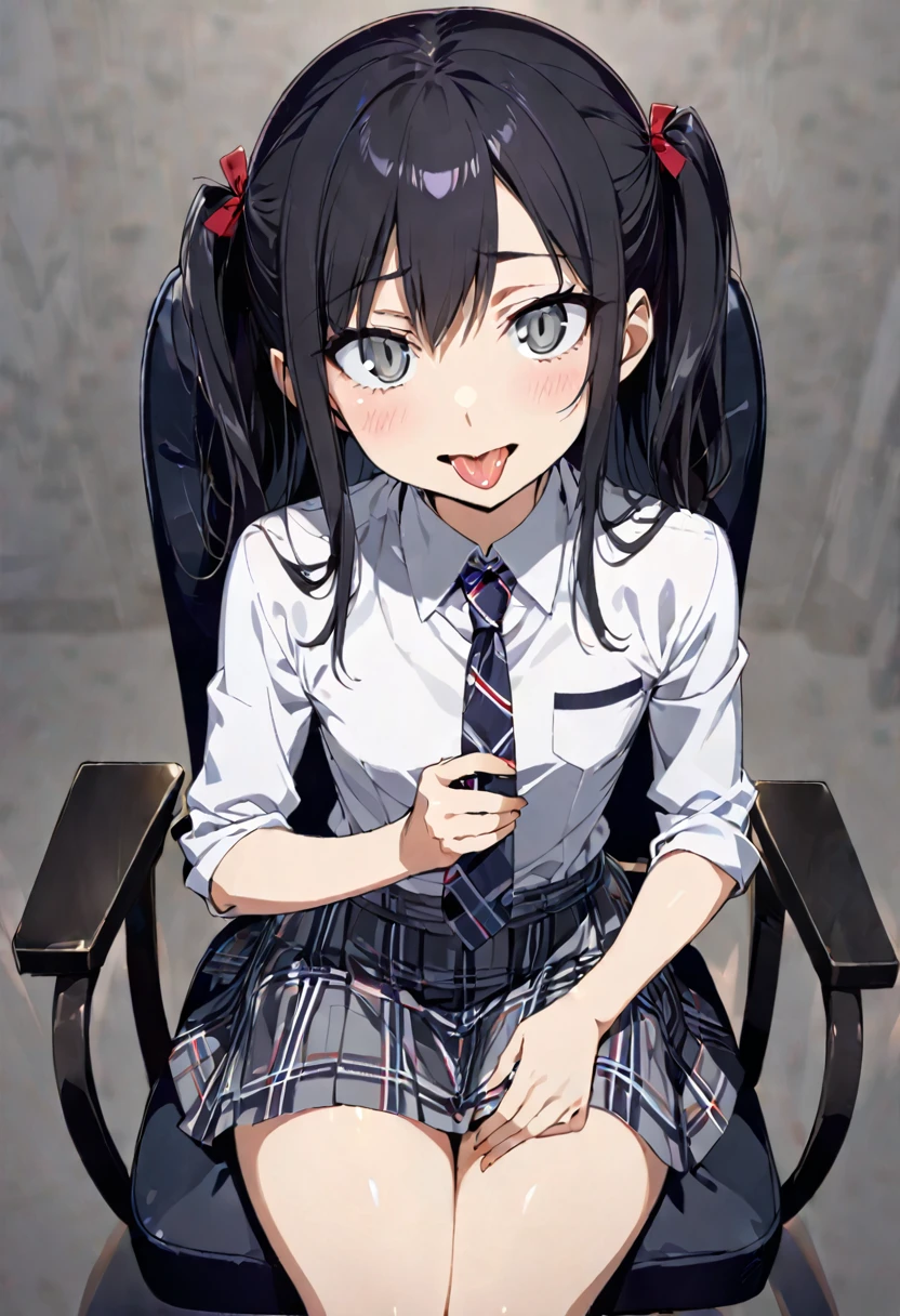 handjob,Sit in a black chair,side view,uniform,shirt,Checked tie,Checked Skirt,Navy Socks,(1girl,Beautiful 14 year old girl),((Slender,,low length,Small breasts,Thin legs,Small Ass,Baby Face,Small face)),lick,open mouth,tongue out,cum on tongue,front face,from front,looking at viewer, looking ahead,from above,cowboy shot,Black Hair,two side up,Gray Eyes,Drooping eyes,slit pupils,narrow eyes.middle School girls,Beautiful and detailed anime art,Mischievous smile,Sexy vibe,Dimly lit room,Simple Background,Gray background,Low lighting