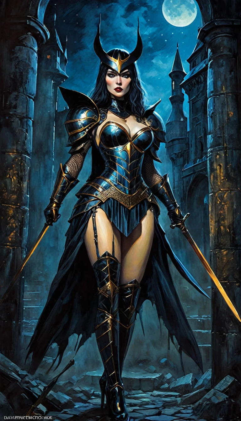 The sexy and dark warrior girl, dark castle, night(art inspired by Bill Sienkiewicz). oil painting)(best quality,4k,8k,highres,masterpiece:1.2),ultra-detailed,(realistic,photorealistic,photo-realistic:1.37),intricate details,vivid colors,sharp focus,professional,Dave McKean artwork, oil touch of surrealism,oil painting style
