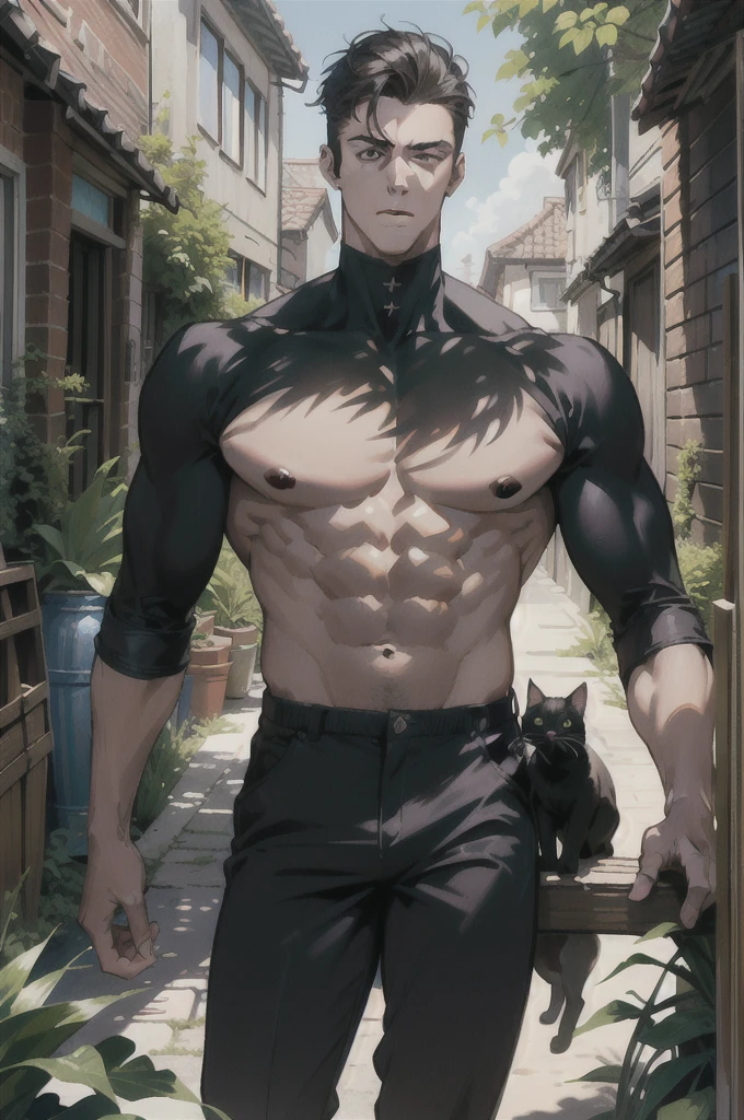 (absurdres, highres, ultra detailed), 1 male, handsome, tall muscular guy, very short hair, best ratio four finger and one thumb, best light and shadow, background is back alley, detasiled sunlight, sitting, Little cats are gathered next to him, dappled sunlight, day, depth of field, plants, summer, (dutch angle), closed mouth