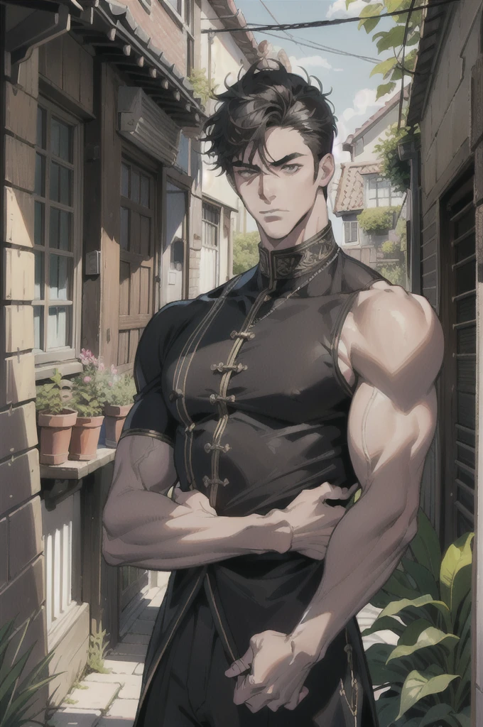 (absurdres, highres, ultra detailed), 1 male, handsome, tall muscular guy, very short hair, best ratio four finger and one thumb, best light and shadow, background is back alley, detasiled sunlight, sitting, Little cats are gathered next to him, dappled sunlight, day, depth of field, plants, summer, (dutch angle), closed mouth