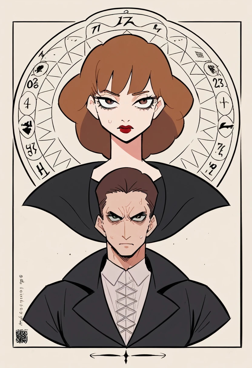 (Absurd, High resolution, Very detailed), 1 male, Iris, Brown Hair, Scholarly temperament, All-black formal wear, Victorian costume, Black Cape, (Cold Beauty: 1.2), Cat-like temperament, Adult, good looking, Thin man, Broad shoulders, Beautiful eyes and detailed features, fool arot card, fool, clown, Symbolism, visual arts, occult, universal, Visual projection, philosophy, Iconography, Number secrets, pop, art, Alphonse Mucha