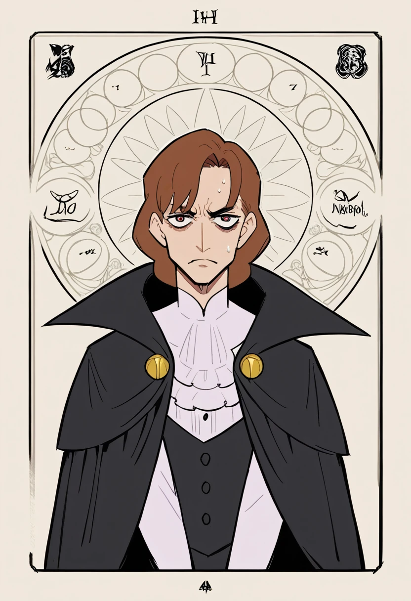 (Absurd, High resolution, Very detailed), 1 male, Iris, Brown Hair, Scholarly temperament, All-black formal wear, Victorian costume, Black Cape, (Cold Beauty: 1.2), Cat-like temperament, Adult, good looking, Thin man, Broad shoulders, Beautiful eyes and detailed features, fool arot card, fool, clown, Symbolism, visual arts, occult, universal, Visual projection, philosophy, Iconography, Number secrets, pop, art, Alphonse Mucha