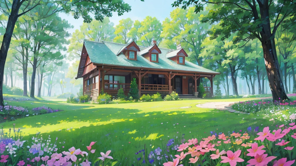 beautiful place ,a house in the middle of the woods, full of flowers, places with pink leaves, green field, calm place, tranquil