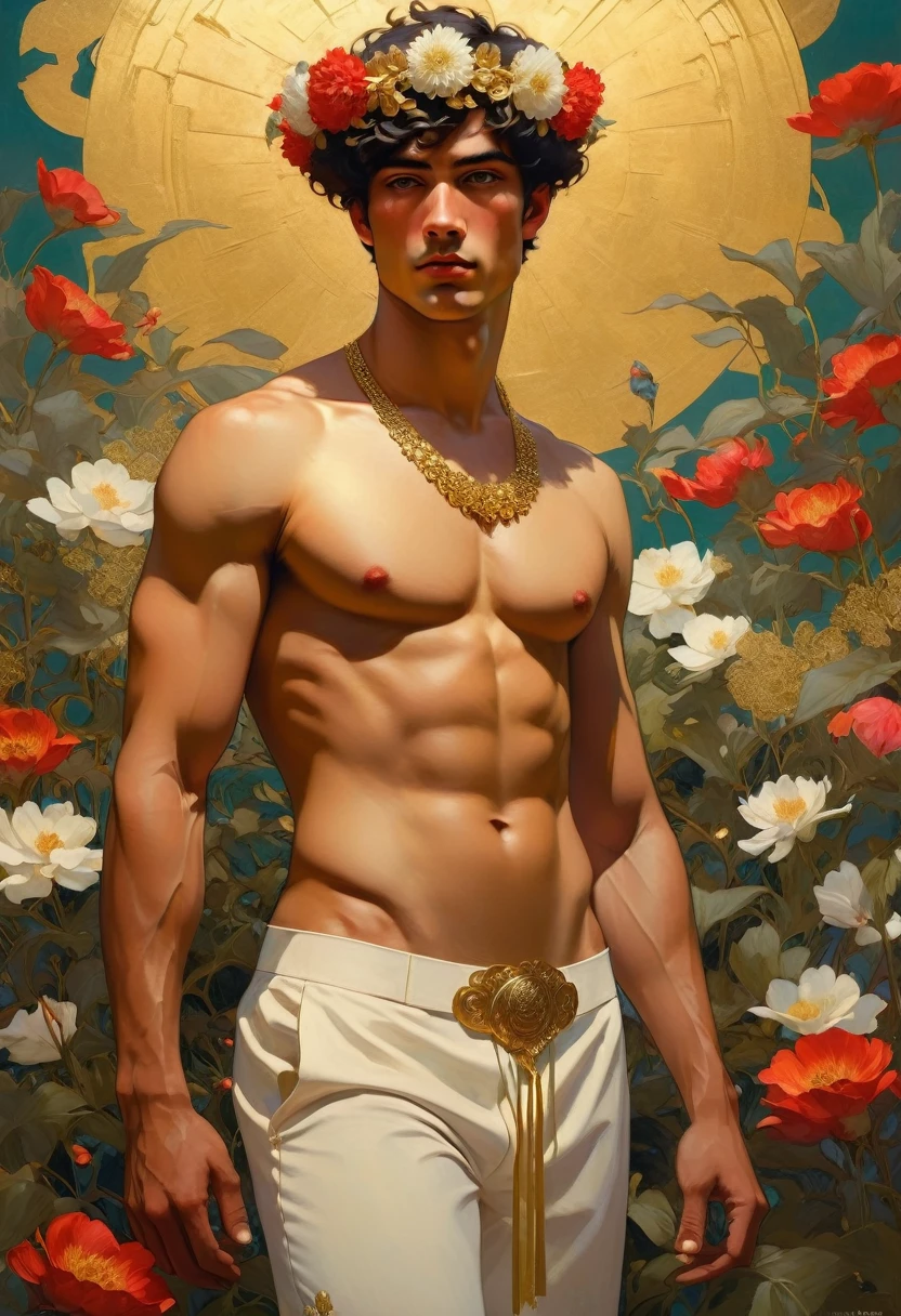 Full body portrait of handsome young man wearing flower crown, manly,muscle,topless man among flowers, Gold strap Roman shoes,Wearing white shorts,he has a flower crown, jewelry,The male god among the flowers, Covered with flowers, Mucha Klimt and Tom Bagshaw, girl among flowers, spring male persephone, Flower God, Zhenrong New Art, Portrait of male holding flowers, original photo (aldult:1.3),Male erupts into intense crimson cascade,The intersection of magic and technology and the sticky temptation disappear into the shadows,A neo-expressionist masterpiece embraced by gold,Topless,muscle,Hair between the eyes,(Chiaroscuro:1.3),(Octane rendering masterpiece,masterpiece scale,beautiful depth of field,super wide angle,Ultra-detailed CG perspective,Super dynamic lighting with amazing shadows,dramatic lighting), Conveys feelings of inner strength and confidence. Introducing a gentle, Atmospheric haze in the environment, Creates a soft light diffusion effect,Gives the impression of a golden aura and presence.